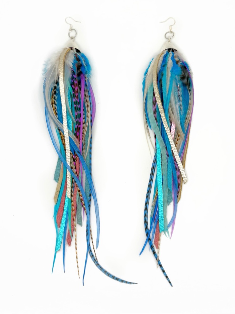 Boho Feather & leather Fringe Dangle Earrings in Turquoise & Purple